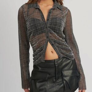 Emory Park Grey Shimmer Plaid Sheer Button-Down Top